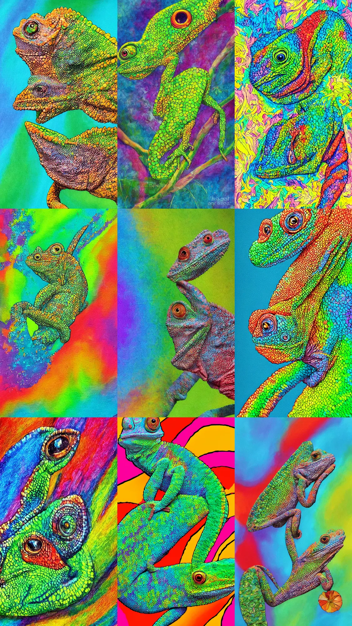 Prompt: a chameleon art print in rainbow colors with his tongue out catching a butterfly