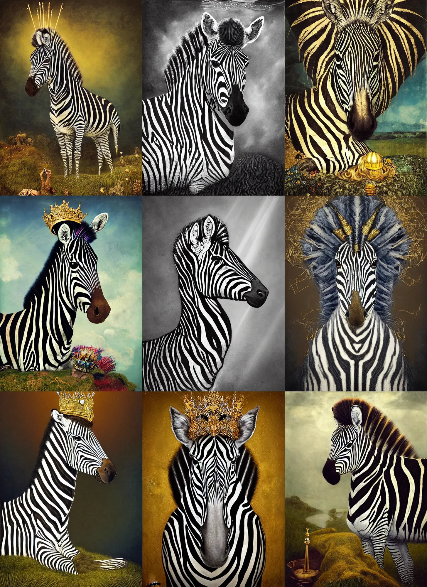 Prompt: “A majestic portrait of a zebra wearing a crown, on a grass throne, titian, Tom Bagshaw, Sam Spratt, maxfield parrish, gustav klimt, high detail, 8k, underwater light rays, intricate, vibrant iridescent colors, black and white and gold”