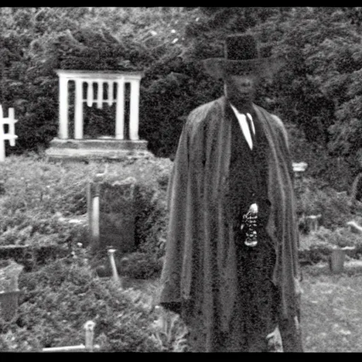 Prompt: cctv security cam grainy black and white footage of baron samedi in an overgrown graveyard. baron samedi is looking at the camera.