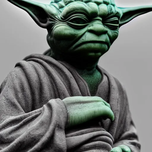 Image similar to Marble statue of Yoda, highly detailed, high quality, HD, 4k, 8k, Canon 300mm, professional photographer, 40mp, lifelike, top-rated, award winning, realistic, sharp, no blur, edited, corrected, trending