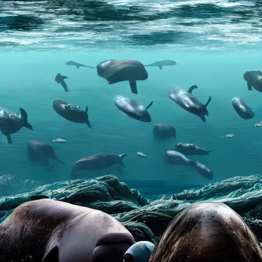 Prompt: ultra realistic underwater photography, panoramic picture of an ocean floor with large baluga whales. focus on the whales. the whales are anatomically correct and highly detailed. lots of bubbles. seaweed and some rocks. gloomy scattered light entering from the water surface, artstation, 8 k