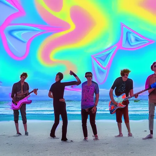 Image similar to an evil surf rock band from 1963 playing a gig on the beach under a psychedelic neon fractal sky