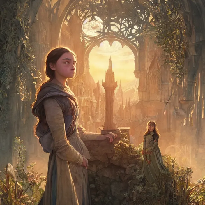 Image similar to young arya stark with hogwarts as background at sunset, highly detailed, gold filigree, romantic storybook fantasy, soft cinematic lighting, award, disney concept art watercolor illustration by mandy jurgens and alphonse mucha and alena aenami, pastel color palette, featured on artstation