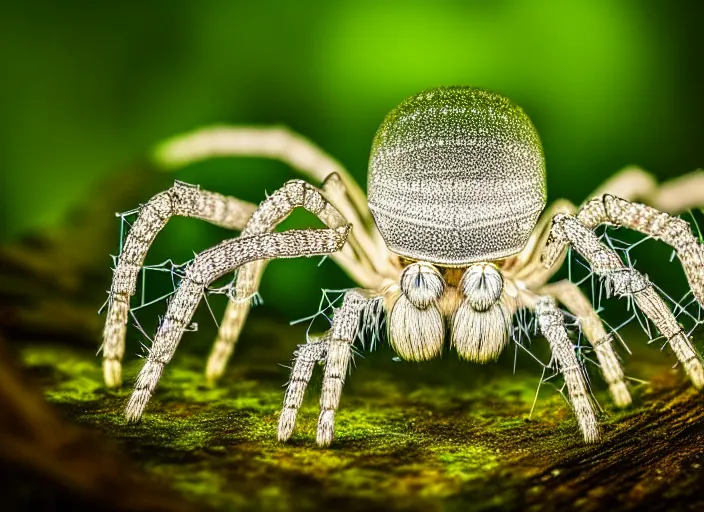 Prompt: portrait of a crystal spider in the forest. Fantasy magic style. Highly detailed 8k. Intricate. Nikon d850 55mm. Award winning photography.