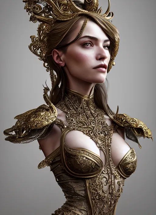 Image similar to a portrait of female in wearable sculpture art, ornate, metal works, intricate details, elegant, highly detailed, digital photography, artstation, glamor pose, concept art, smooth, sharp focus, art by artgerm and greg rutkowski, 3 d character, full body, film, photorealistic, unreal engine