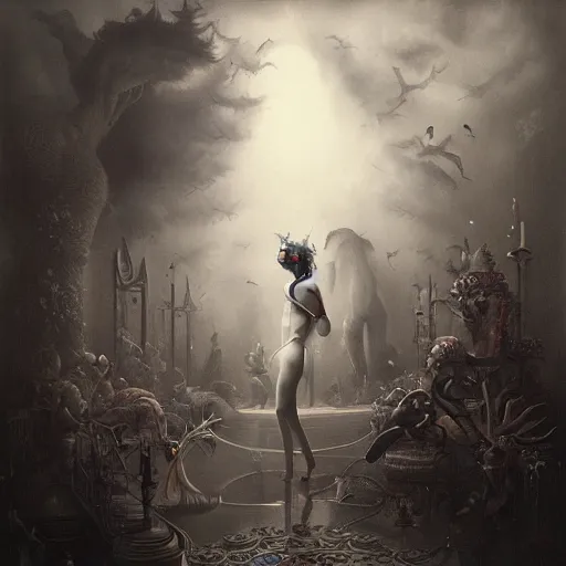 Image similar to By Tom Bagshaw, ultra realist soft painting of a curiosities carnival by night, Clown, horror, omnious sky, symmetry accurate features, very intricate details, black and white, volumetric light clouds
