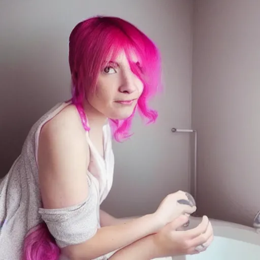 Image similar to “a woman called Berry with pink hair, taking a bubble bath”