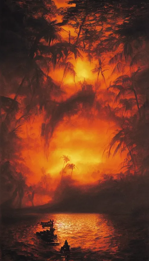 Prompt: jim jones'face close up on the apocalypse now poster, red sunset, snake river in the jungle, black helicopters, air brush, oil paint, radiant light, caustics, heroic, bright iridescent light, by gaston bussiere, bayard wu, greg rutkowski, maxim verehin