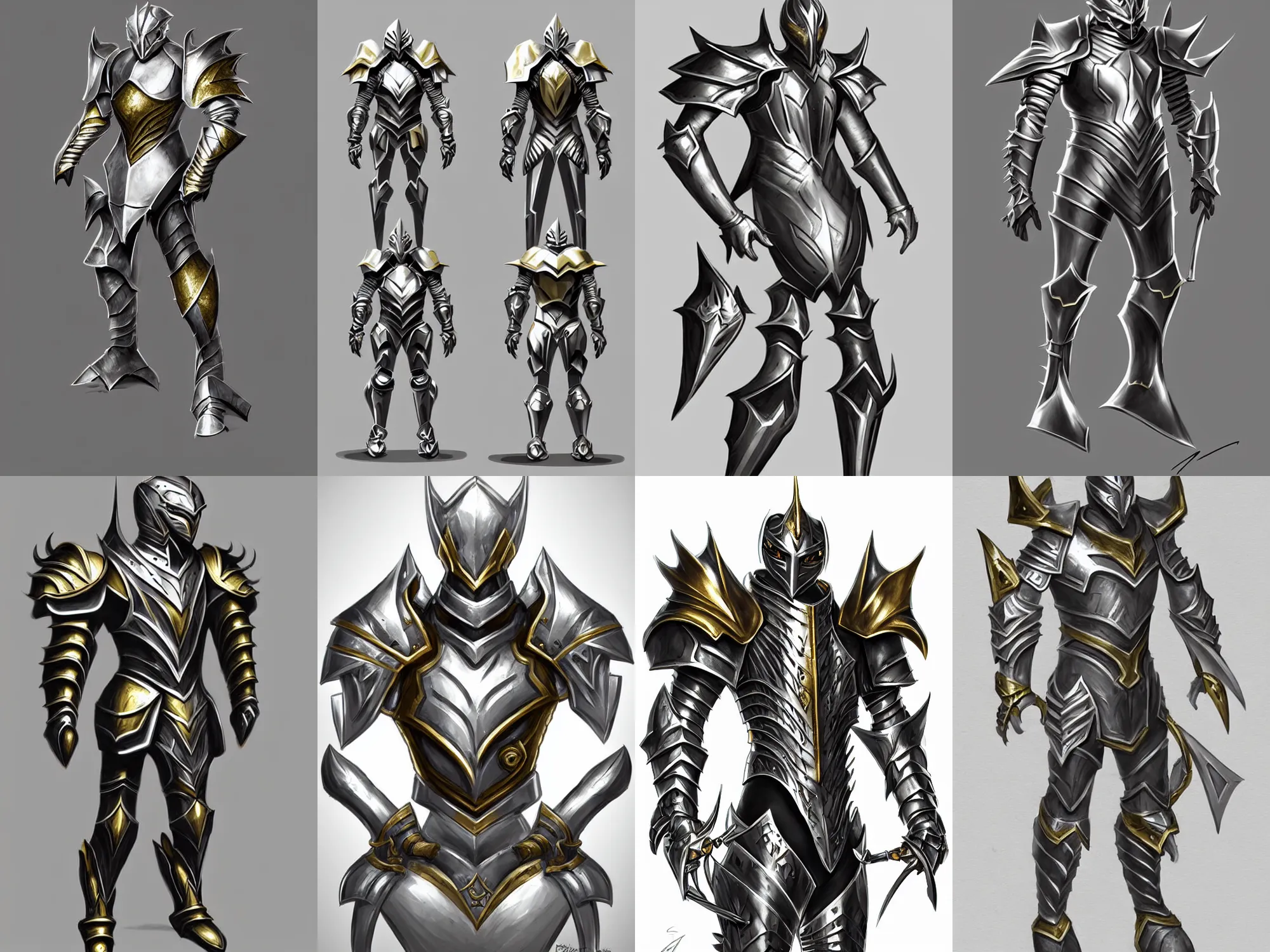 Prompt: fantasy armor, concept sketch, silver with gold trim, striking, unusual, incredible, extremely polished, heavy exaggerated proportions, huge shoulder pauldrons, flat shading, smooth, uncluttered, extremely clean, fantasy character portrait, professional concept art, orthographic front view, A-pose, full body