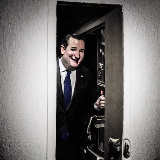 Image similar to Ted Cruz with a wide grin wielding a chainsaw peaking through a door in the distance at the end of a narrow corridor, black and white, creepy lighting, scary, horror, ornate, eerie, fear, oil painting