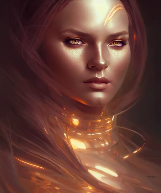 Image similar to futuristic woman portrait, sci - fi, amber eyes, face, long hair, fantasy, intricate, elegant, highly detailed, digital painting, artstation, concept art, smooth, sharp focus, illustration, art by artgerm and greg rutkowski and alphonse mucha