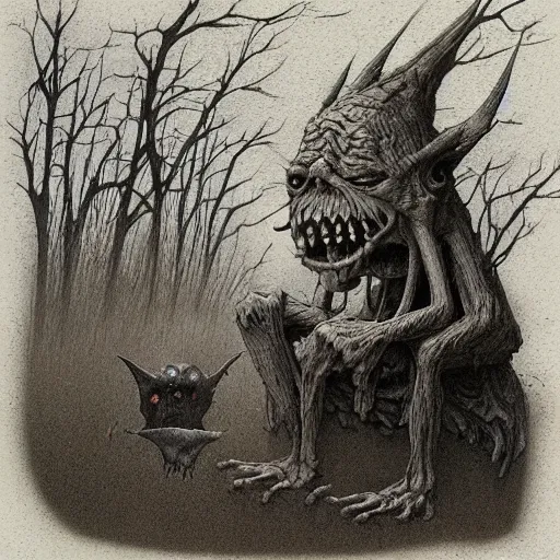 Image similar to the goblin that lives under my house, by john kenn mortensen and zdizslaw beksinski