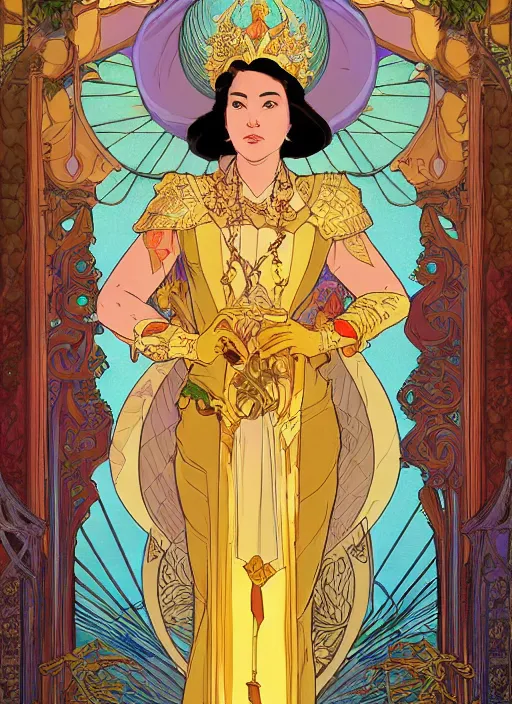 Image similar to well - lit art nouveau portrait of queen sirikrit of thailand, natural lighting, path traced, highly detailed, high quality, cartoon, digital painting, by don bluth and ross tran and studio ghibli and alphonse mucha
