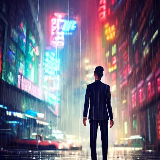 Image similar to stylish cartoon portrait made out of rain, pinstripe suit, cyberpunk background, rendered in octane, unreal engine, highly detailed, trending on artstation, realistic, neon, beautiful, volumetric lighting, depth of field