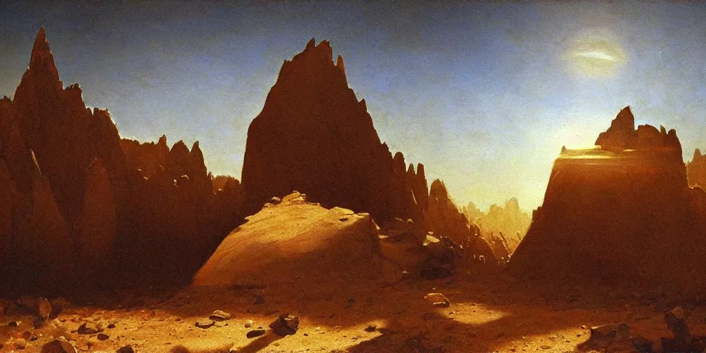 Image similar to black male cyborg body modifications hd albert bierstadt painting low perspective! desert sun rays