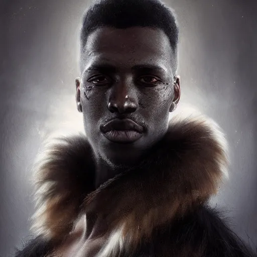 Image similar to portrait painting of a beautiful black man with cut scars and cropped hair wearing a tattered fur coat, ultra realistic, concept art, intricate details, eerie, highly detailed, photorealistic, octane render, 8 k, unreal engine. art by artgerm and greg rutkowski and charlie bowater and magali villeneuve and alphonse mucha