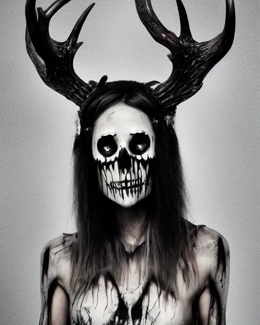 Image similar to deer - skull sisters ghost - spirit of the grim - warpaint wears the scarlet skull armor and native blood headdress antlers, midnight fog - mist!, cinematic lighting, various refining methods, micro macro autofocus, ultra definition, award winning photo, photograph by ghostwave - gammell - giger - shadowlord