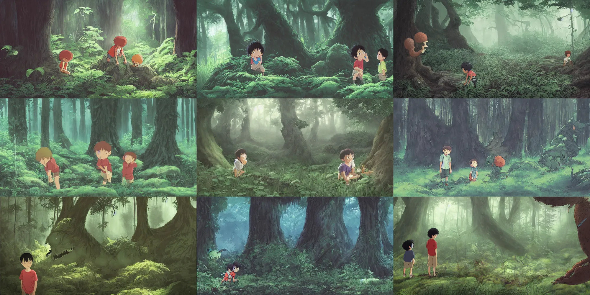 Prompt: boy discovers a monster in a forest, painting by studio ghibli, cgsociety. the boy is small, the monster is huge and fluffy and cute, the forest is misty and moonlit