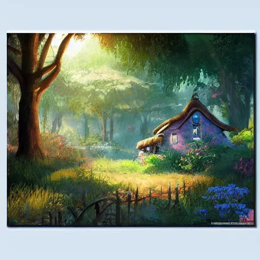 Prompt: a disney background art painting, an old cottage in a beautiful forest, soft light, disney concept art, the art of pixar,