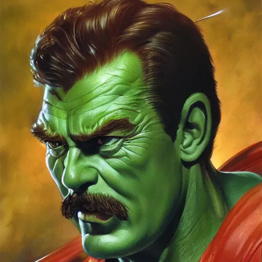 Image similar to ultra realistic head and shoulders portrait painting of tom selleck as green goblin, art by frank frazetta, 4 k, ultra realistic, highly detailed, epic lighting