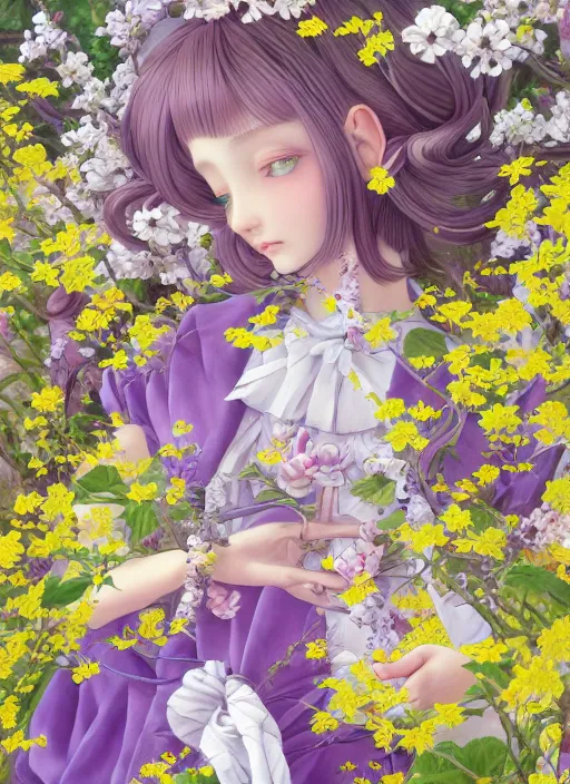 Image similar to elf girl, flower suit, soft hair. light color palate, purple, yellow and white. detailed soft painting, ayami kojima, made in abyss, anatomically correct, ilya kuvshinov, inspired in balthus, high detailed face anime, vogue magazine, glorious composition, mobile wallpaper