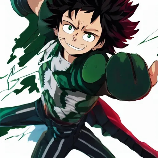 Image similar to izuku midoriya, demon slayer, lightning form, transparent, stern look, comic book thick outline, gta art, anime, d & d, highly detailed, digital painting, artstation, concept art, sharp focus, illustration, cinematic lighting, my hero academia, art by artgerm and greg rutkowski and alphonse mucha