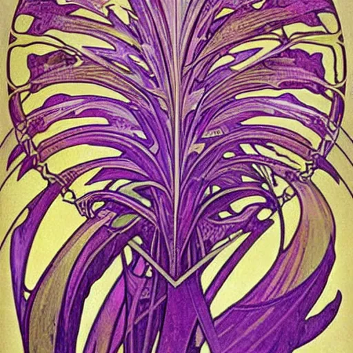Prompt: beautiful, ornate, art nouveau purple palm leaves by alphonse mucha