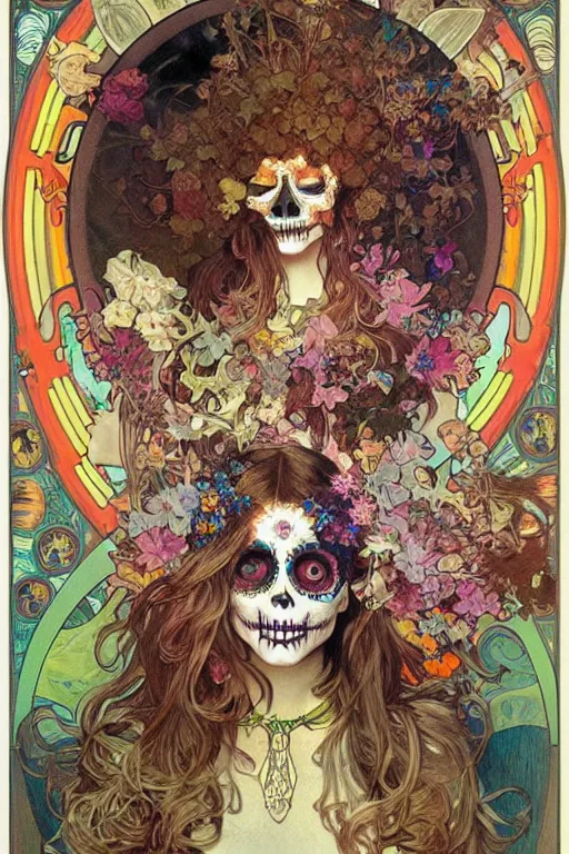 Prompt: realistic detailed psychedelic poster art of a cute Día de los Muertos girl by Victor Moscoso Rick Griffin Alphonse Mucha Ayami Kojima Amano Charlie Bowater, masterpiece