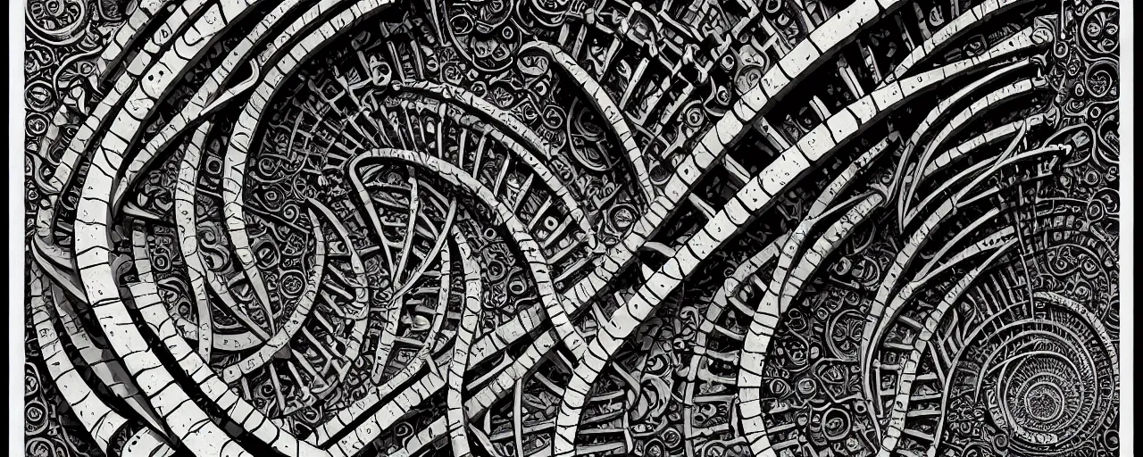 Image similar to a double helix dna cyberpunk steampunk stone carved archway corner, details, lineart, by vincent di fate and joe fenton, inking, screen print, masterpiece, trending on artstation, sharp, high contrast, hyper - detailed, ultrawide, hd, 4 k, 8 k