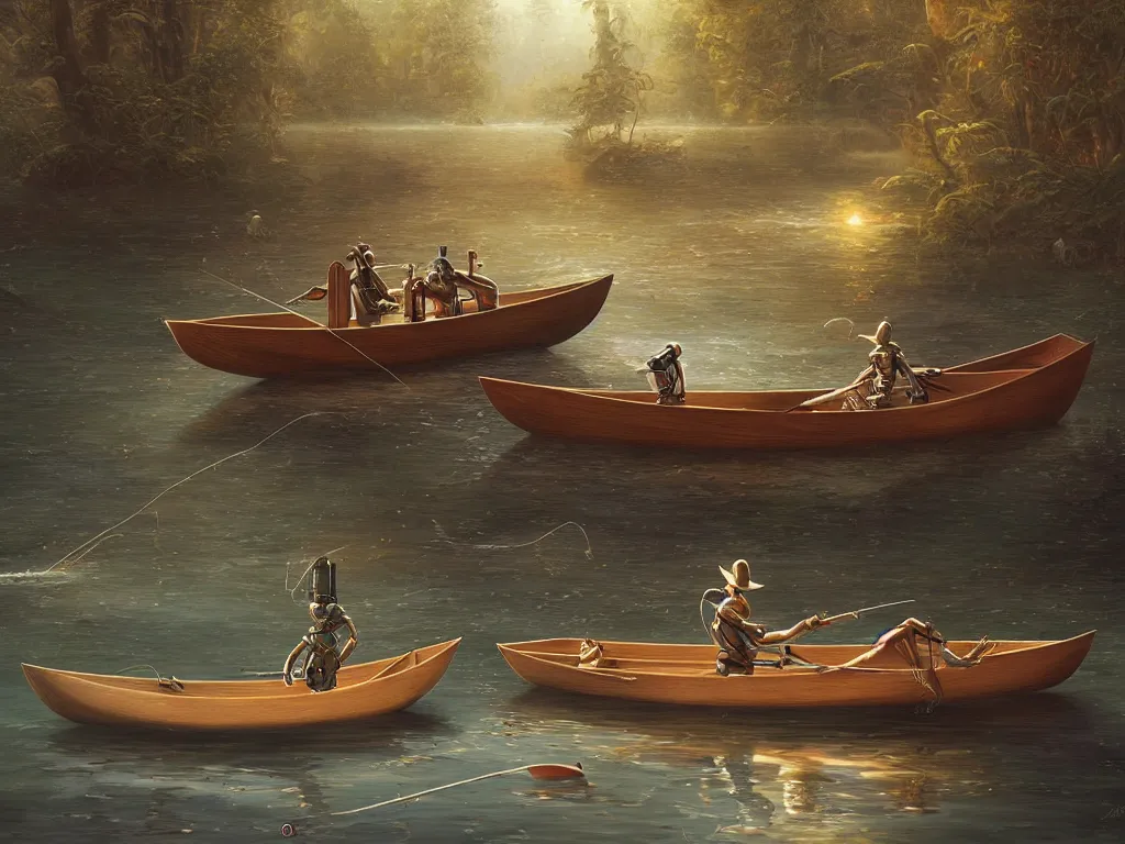 Image similar to simple retro robot, fishing in a wooden canoe, whimsical, highly detailed, michael cheval, peter mohrbacher, boris vallejo, jessica rossier, oil painting, highly detailed, cinematic lighting, tilt shift, golden hour