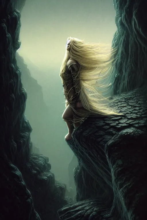 Image similar to A beautiful Norse Goddess with long flowing blonde hair on a ledge od deep abyss fantasy, intricate, elegant, highly detailed, D&D, digital painting, artstation, concept art, matte painting, sharp focus, illustration, extremely moody lighting, glowing light and shadow, atmospheric, shadowy, cinematic, in the style of Greg Rutkowski and artemisia gentileschi and Alphonse Mucha