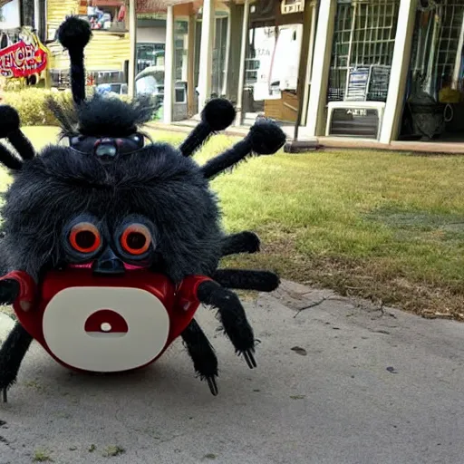 Prompt: giant furby spider attacking a small town