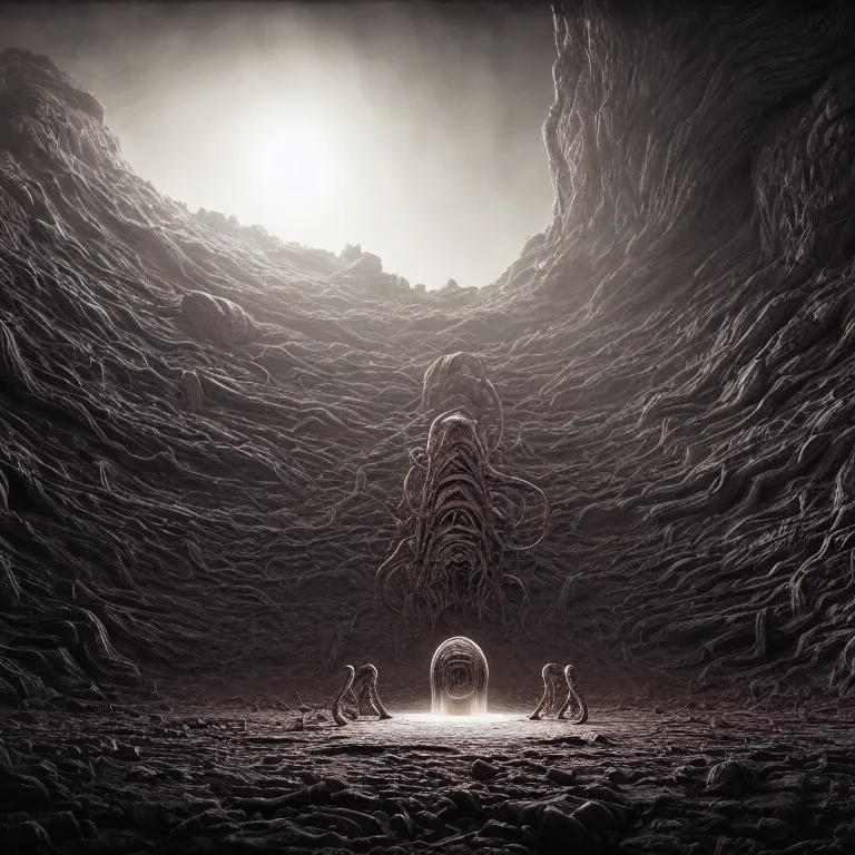 Prompt: ribbed surreal alien temple on exoplanet, standing in a desolate empty wasteland, creepy, nightmare, dream-like heavy atmosphere, darkness, surreal abandoned buildings, beautiful detailed intricate insanely detailed octane render trending on Artstation, 8K artistic photography, photorealistic, cinematic light, chiaroscuro, Raphael, Caravaggio, Beksinski, Giger