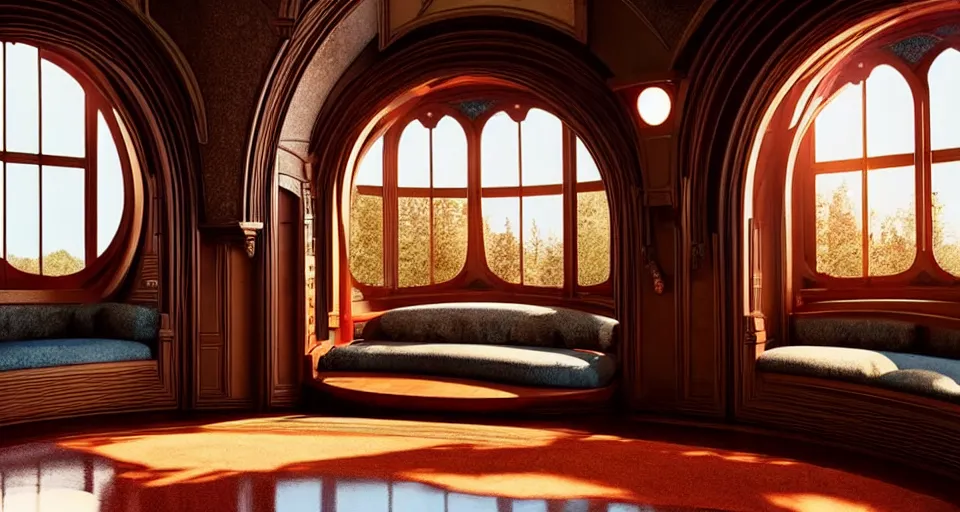 Prompt: An incredibly beautiful scene from a 2022 Marvel film featuring a cozy art nouveau reading nook. 8K UHD.