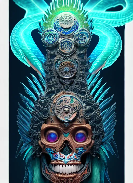 Image similar to 3 d shaman with tattoos profile portrait, sigma 5 0 0 mm f / 5. beautiful intricate highly detailed quetzalcoatl skull and feathers. bioluminescent, plasma, frost, water, wind, creature, gradient background, thunderstorm! artwork by tooth wu and wlop and beeple and greg rutkowski, 8 k trending on artstation,