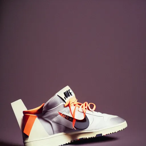 Image similar to a studio photoshoot of A Nike sneaker designed by Virgil Abloh, Off-White, realistictic, color film photography by Tlyer Mitchell, 35 mm, graflex