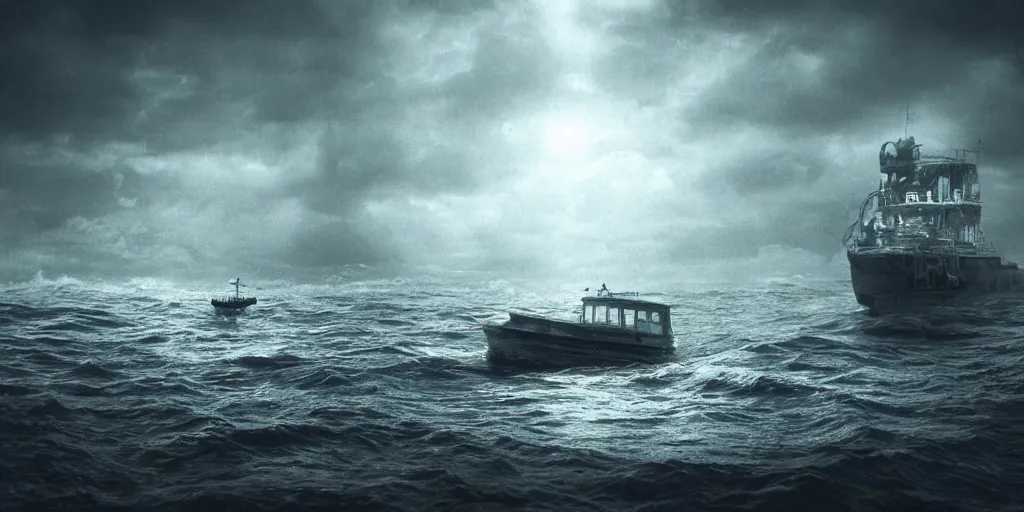 Prompt: a highly detailed realistic photographic render of a boat witnessing a lovecraftian monster creature in the sea. humanoid, creepy, cinematic lighting, cinematic scene, Volumetric lighting, Atmospheric scene, Dark, Horror, Atmospheric lighting, Global illumination, realistic, photo realism, hyper realistic, hyper realism, photo realisitc, cinematic render, film, beautifully lit, ray traced, octane 3D render, octane render, unreal engine