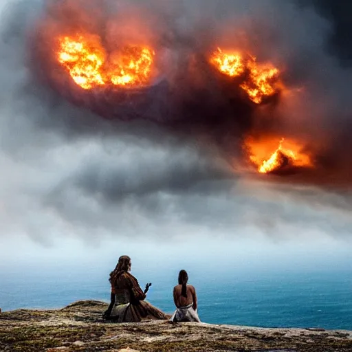 Prompt: romantic meeting on a cliff between a Viking king and a Valkyrie above a burning ocean of war, By Emmanuel Lubezki