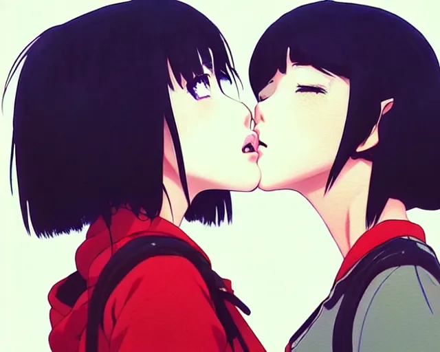 Image similar to two girls kissing | very very anime!!!, fine - face, audrey plaza, realistic shaded perfect face, fine details. anime. realistic shaded lighting poster by ilya kuvshinov katsuhiro otomo ghost - in - the - shell, magali villeneuve, artgerm, jeremy lipkin and michael garmash and rob rey