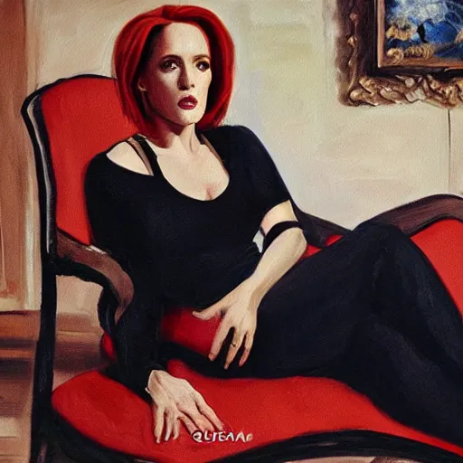 Image similar to dana scully on a chaise lounge, oil on canvas, highly detailed, masterpiece, art by rubens