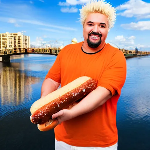 Prompt: stock image guy holding hot dog over a bridge with guy fieri