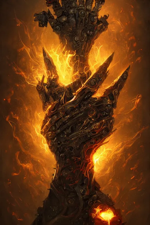 Image similar to mechanical power glove imbued with the power of fire, biomechanical, magical artifact, legendary, digital illustration, professional art by Seb McKinnon, cgsociety, fantasy, magic