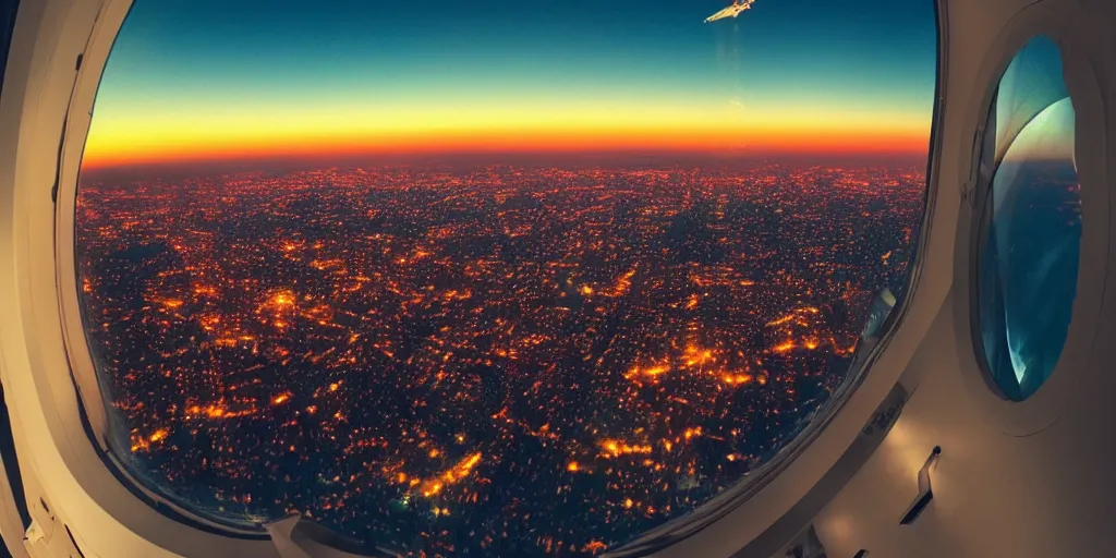 Image similar to wide angle photo looking out the window of a space capsule, liminal, cinematic, dreamscape, cinematics lighting, sunset colors, flying in the air, city in background