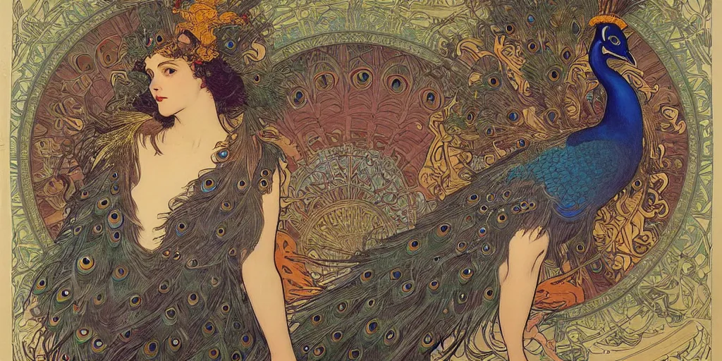 Prompt: epic illustration of a peacock god, by james jean, by alphonse mucha. uhd, amazing depth, cinematic lighting