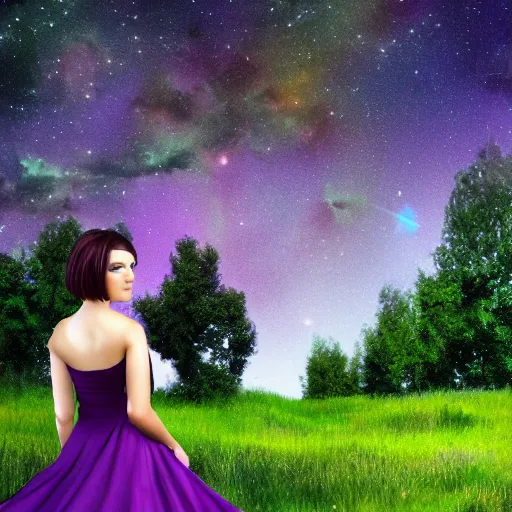 Prompt: an hd photo of a young woman with short brown hair and green eyes, purple dress, beautiful trees in the background, night sky with stars and galaxies, trending on artstation