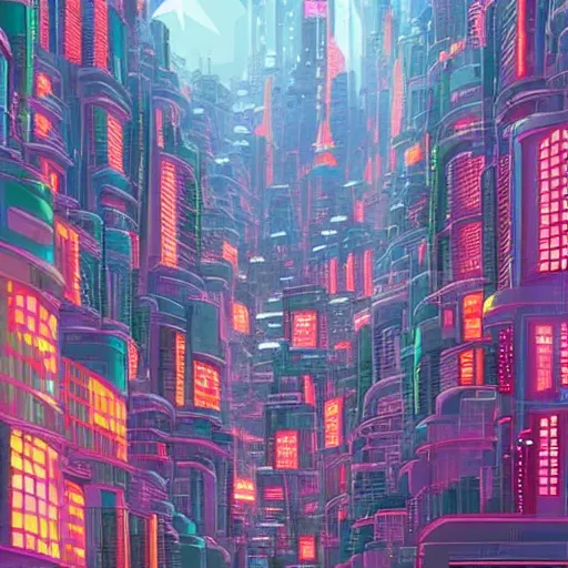 Prompt: colourful futuristic city in the style of studio ghibli, beautiful, technology, hyperdetailed, dystopian