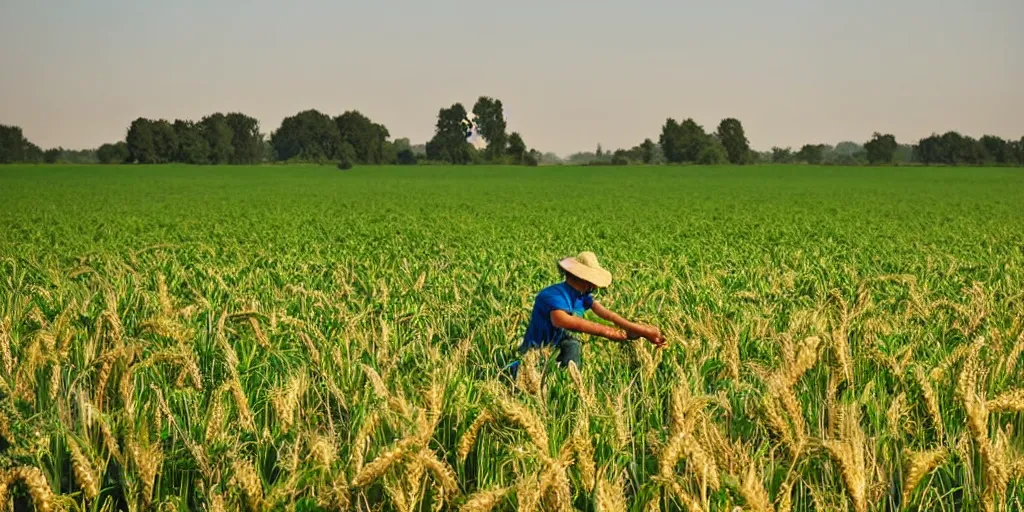 Image similar to a beautiful view of a farmer working in wheat field and there is a beautiful jungle behind the field, professional photography