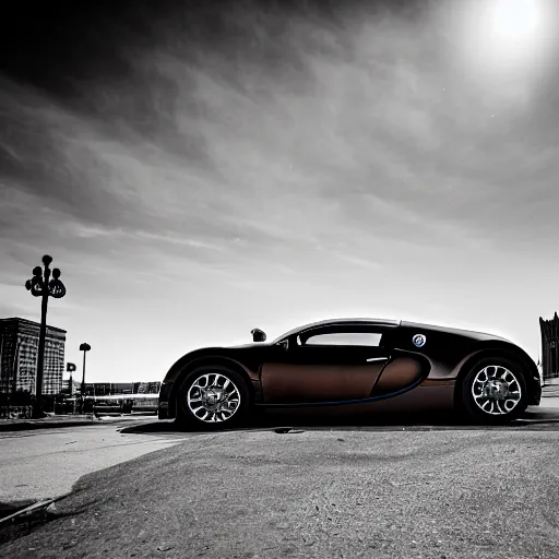 Image similar to photograph of a wrecked bugatti veyron in front of union station in kansas city missouri, dramatic lighting, realistic, 8 k