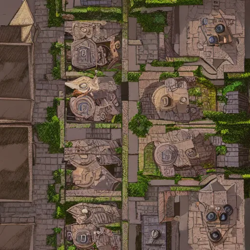 Prompt: a topdown battlemap from 9 0 degrees angle of a medieval town alley, dnd encounter, houses, rooftops, torches, darker ground, atmospheric lighting, dawn, dark fantasy, extremely detailed, no people, photorealistic, octane render, 8 k, unreal engine 5. art by artgerm and greg rutkowski and alphonse mucha