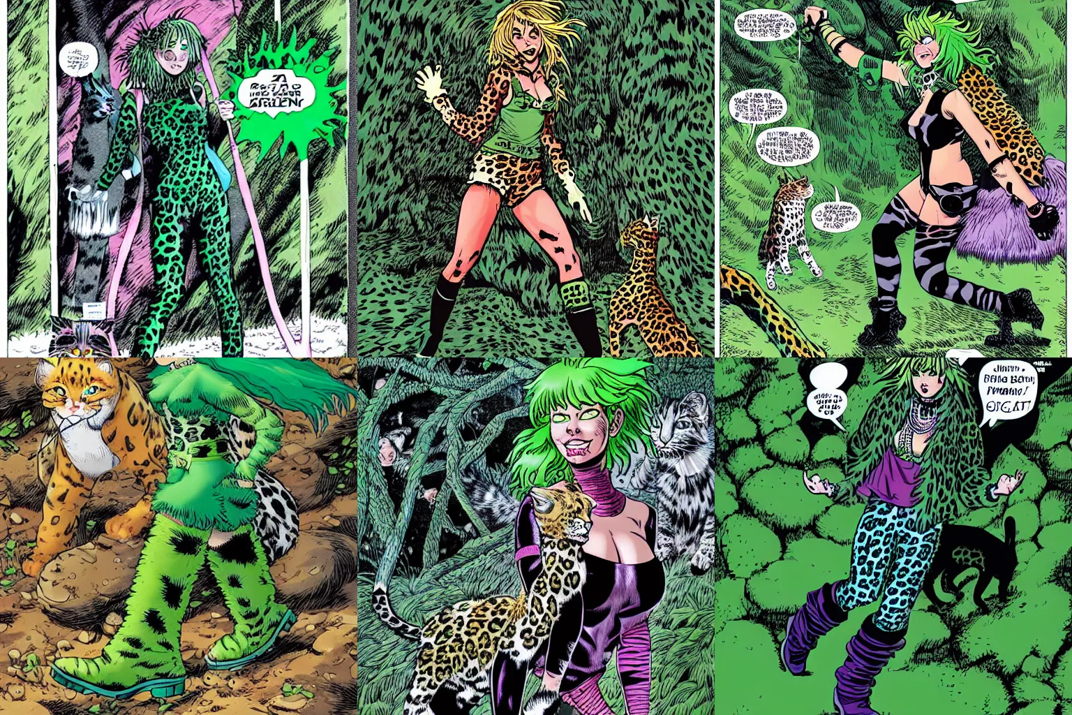 Prompt: a girl with wild green hair wearing a ragged leopard fur, cat gloves, and cat boots, named cham cham, walking through green hell, by arthur adams